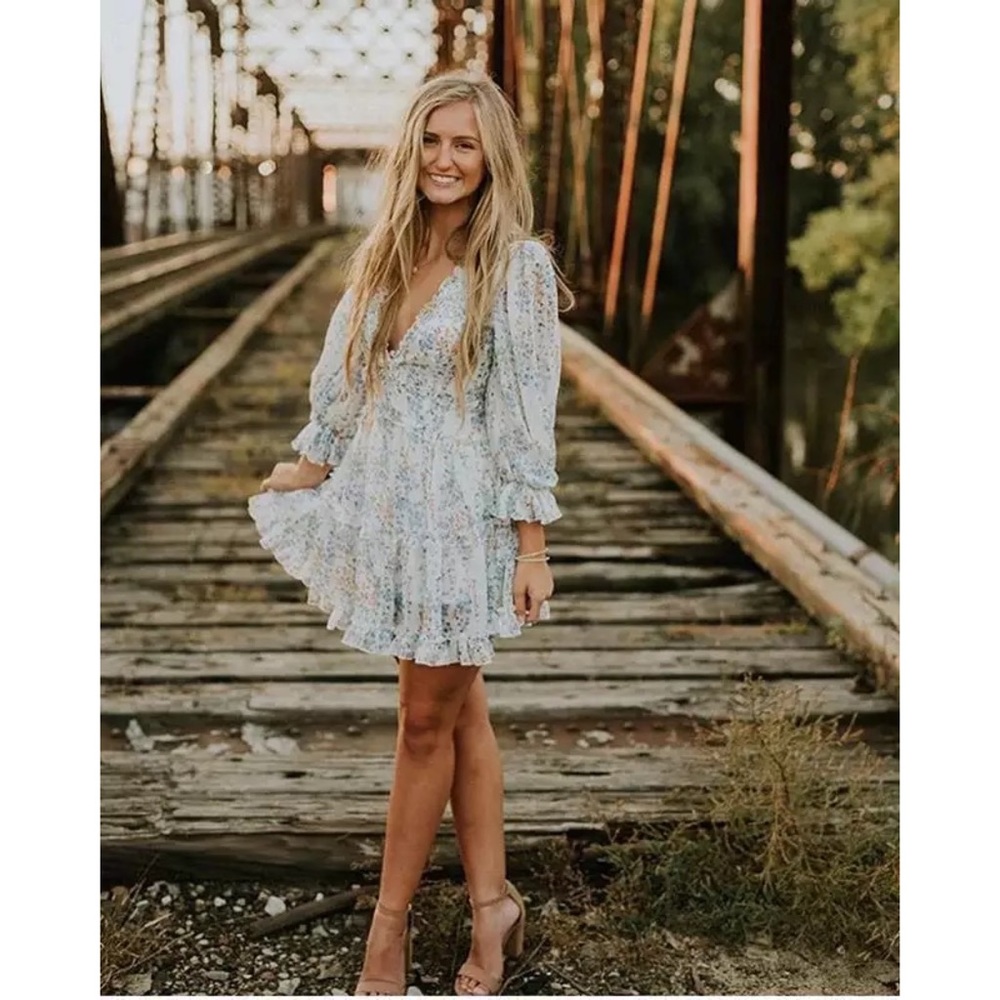 Floral Chiffon Ruffle Long Sleeve Open Back Dress - Picture 4 of 10